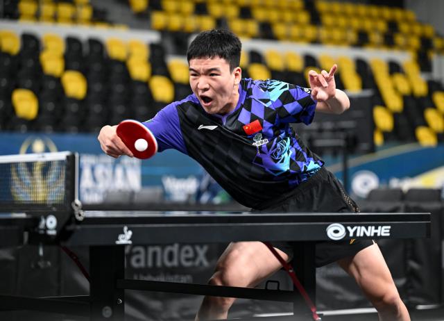 (261020) -- TASHKENT, Oct. 20, 2026 (Xinhua) -- Xiang Peng hits a return during the men's singles round of 128 match between Xiang Peng of China and Alhawai Yousef of United Arab Emirates at the 29th ITTF-Asian Table Tennis Championships in Tashkent, Uzbekistan, Oct. 20, 2026. (Xinhua/Feng Kaihua)