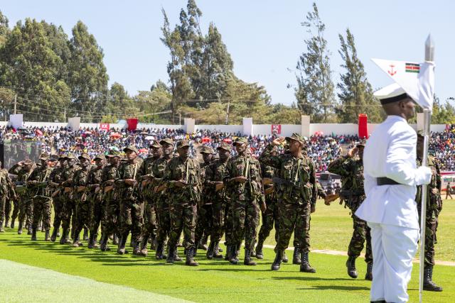 (261021) -- ELDORET, Oct. 21, 2026 (Xinhua) -- Kenyan military personnel parade during the Mashujaa Day celebrations at Kipchoge Keino Stadium in Eldoret, Kenya, on Oct. 20, 2026.
  Kenya celebrated Mashujaa Day, or Heroes' Day, on Tuesday. (Photo by Kelly Ayodi/Xinhua)
