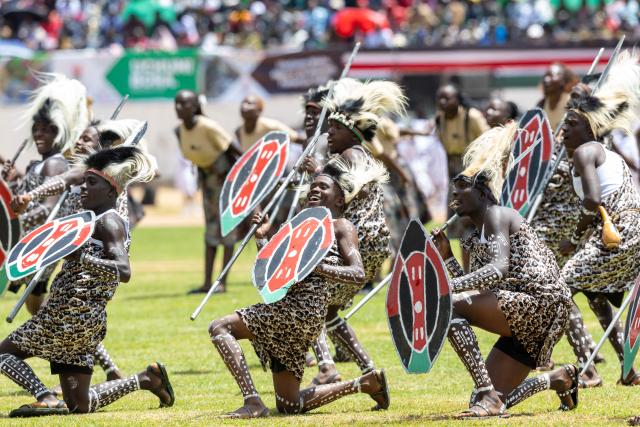 (261021) -- ELDORET, Oct. 21, 2026 (Xinhua) -- Artists perform during Mashujaa Day celebrations in Eldoret, Kenya, on Oct. 20, 2026.
  Kenya celebrated Mashujaa Day, or Heroes' Day, on Tuesday. (Photo by Kelly Ayodi/Xinhua)