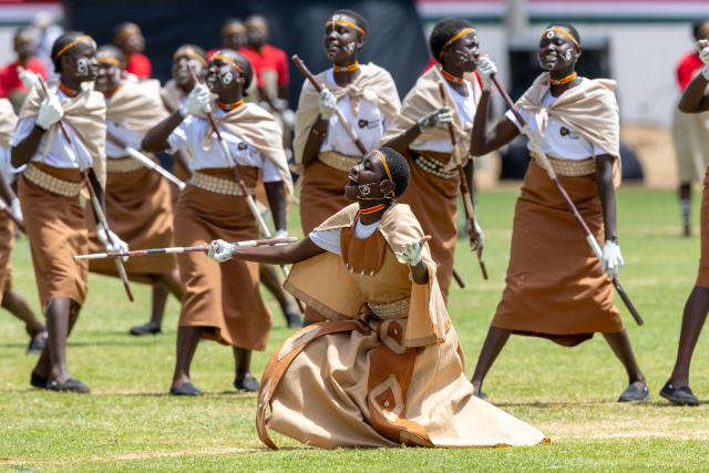 (261021) -- ELDORET, Oct. 21, 2026 (Xinhua) -- Artists perform during Mashujaa Day celebrations in Eldoret, Kenya, on Oct. 20, 2026.
  Kenya celebrated Mashujaa Day, or Heroes' Day, on Tuesday. (Photo by Kelly Ayodi/Xinhua)