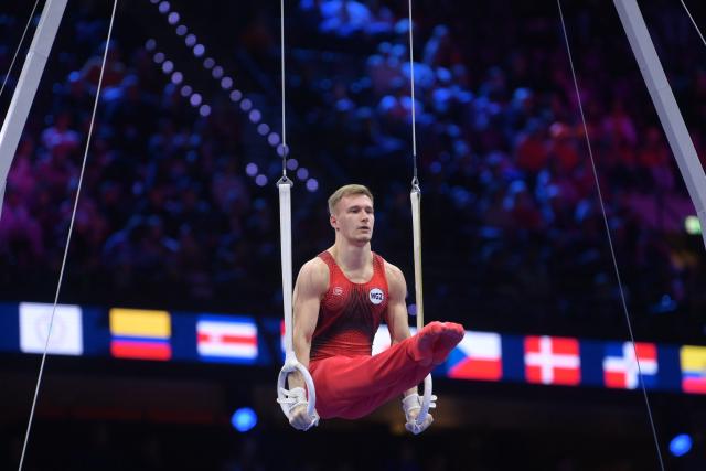 (261021) -- ROTTERDAM, Oct. 21, 2026 (Xinhua) -- Marinov Daniel of World Gymnastics 2 competes during the men's team final at Artistic Gymnastics World Championships 2026 in Rotterdam, the Netherland, Oct.20, 2026. (Xinhua/Weng Xinyang)