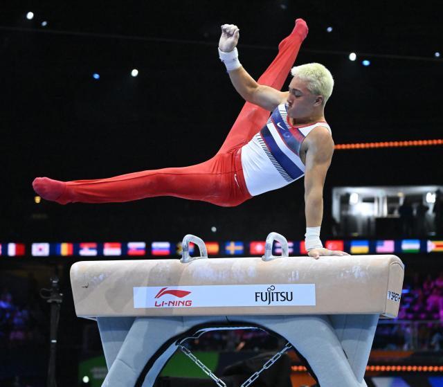 (261021) -- ROTTERDAM, Oct. 21, 2026 (Xinhua) -- Leykin Danila of team USA competes during the men's team final at Artistic Gymnastics World Championships 2026 in Rotterdam, the Netherland, Oct. 20, 2026. (Photo by Brinkhorst Eric/Xinhua)