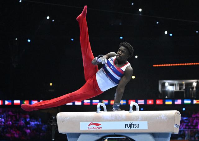 (261021) -- ROTTERDAM, Oct. 21, 2026 (Xinhua) -- Richard Frederick of team USA competes during the men's team final at Artistic Gymnastics World Championships 2026 in Rotterdam, the Netherland, Oct. 20, 2026. (Photo by Brinkhorst Eric/Xinhua)