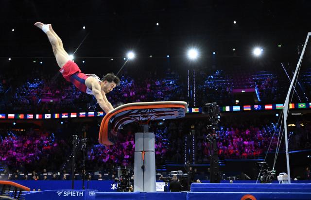 (261021) -- ROTTERDAM, Oct. 21, 2026 (Xinhua) -- Hepworth Harry of team Britain competes during the men's team final at Artistic Gymnastics World Championships 2026 in Rotterdam, the Netherland Oct.20, 2026. (Photo by Brinkhorst Eric/Xinhua)
