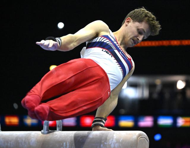 (261021) -- ROTTERDAM, Oct. 21, 2026 (Xinhua) -- Hoopes Patrick of team USA competes during the men's team final at Artistic Gymnastics World Championships 2026 in Rotterdam, the Netherland, Oct. 20, 2026. (Photo by Brinkhorst Eric/Xinhua)