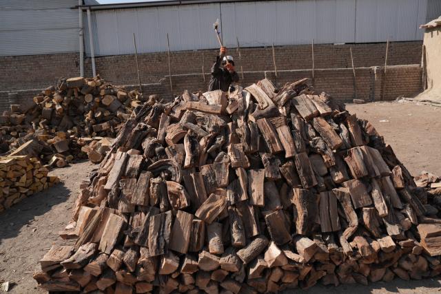 (261021) -- AFGHANISTAN, Oct. 21, 2026 (Xinhua) -- An Afghan vendor chops firewood at a market in Kabul, Afghanistan, Oct. 17, 2026. TO GO WITH "Feature: Soaring fuel prices leave Afghans struggling to heat homes this winter" (Photo by Saifurahman Safi/Xinhua)