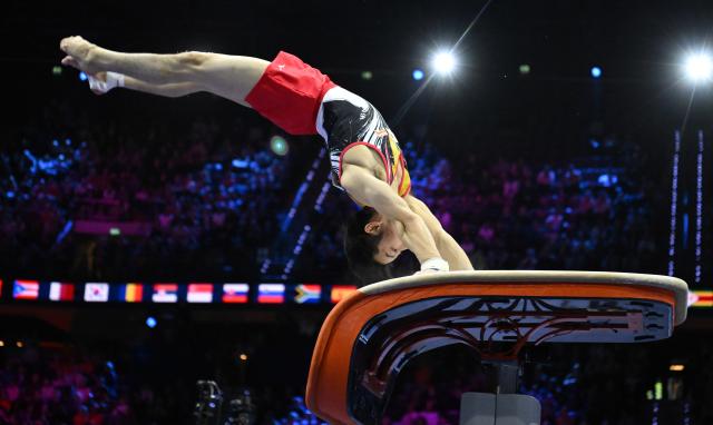(261021) -- ROTTERDAM, Oct. 21, 2026 (Xinhua) -- Doi Ryosuke of Japan competes during the men's team final at Artistic Gymnastics World Championships 2026 in Rotterdam, the Netherland, Oct. 20, 2026. (Photo by Brinkhorst Eric/Xinhua)