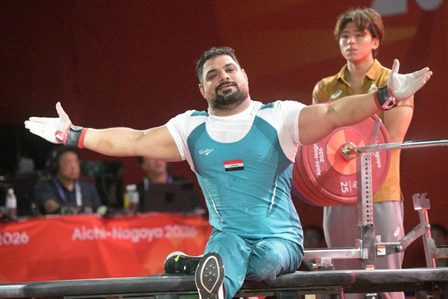 (261021) -- NAGOYA, Oct. 21, 2026 (Xinhua) -- Rasool Mohsin of Iraq celebrates during the Men's 80kg of Para Powerlifting Finals at the Aichi-Nagoya Asian Para Games in Nagoya, Japan, Oct. 21, 2026. (Xinhua/Then Chih Wey)