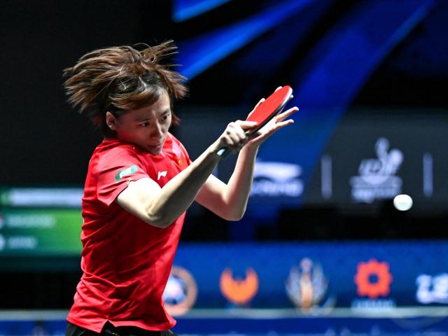 (261021) -- TASHKENT, Oct. 21, 2026 (Xinhua) -- Chen Yi of China hits a return during the women's teams quarterfinals between Chen Yi of China and Sawettabut Jinnipa of Thailand at the 29th ITTF-Asian Table Tennis Championships in Tashkent, Uzbekistan, Oct. 21, 2026. (Xinhua/Feng Kaihua)