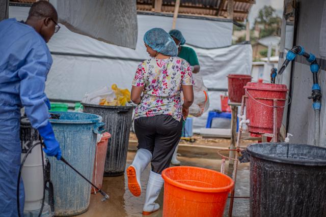 (261021) -- KINSHASA, Oct. 21, 2026 (Xinhua) -- Medical workers carry out disinfection work at an Ebola treatment center in Bunia, capital of Ituri Province in the Democratic Republic of the Congo (DRC), on Oct. 18, 2026.
  The Africa Centers for Disease Control and Prevention (Africa CDC) has called for greater global solidarity and international support to contain the rapidly expanding Bundibugyo Ebola outbreak.
  TO GO WITH "Africa CDC urges greater global solidarity to contain Ebola as Nigeria confirms 1st case" (Xinhua)