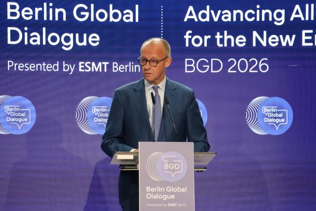 (261021) -- BERLIN, Oct. 21, 2026 (Xinhua) -- German Chancellor Friedrich Merz attends the Berlin Global Dialogue in Berlin, Germany, Oct. 21, 2026. German Chancellor Friedrich Merz said on Wednesday that the European Union (EU) needs to protect its industries against unfair competition while keeping its markets open and avoiding a trade war. (Xinhua/Li Hanlin)
