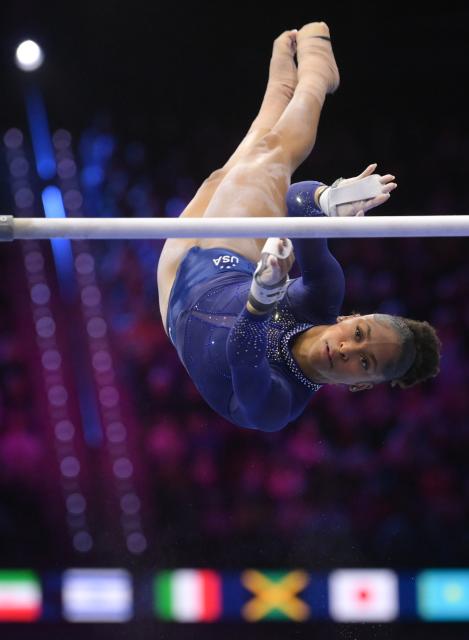(261022) -- ROTTERDAM, Oct. 22, 2026 (Xinhua) -- Skye Blakely of team USA competes during the women's team final at Artistic Gymnastics World Championships 2026 in Rotterdam, the Netherlands, Oct. 21, 2026. (Xinhua/Weng Xinyang)