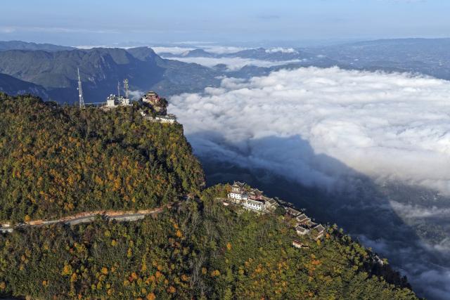 (261022) -- LONGNAN, Oct. 22, 2026 (Xinhua) -- An aerial drone photo taken on Oct. 20, 2026 shows the scenery of Jifeng Mountain in Chengxian County of Longnan, northwest China's Gansu Province. (Photo by Ran Chuangchang/Xinhua)
