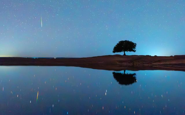 (261022) -- HARBIN, Oct. 22, 2026 (Xinhua) -- This photo taken on Oct. 22, 2026 shows the Orionid meteor shower in the sky over Daqing City, northeast China's Heilongjiang Province. The Orionid meteor shower, caused by remnants from Halley's comet, peaked on Wednesday and Thursday. (Photo by Liu Chengshan/Xinhua)