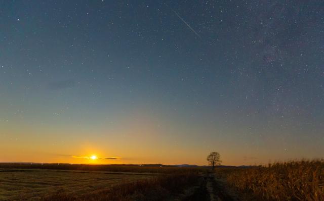 (261022) -- HARBIN, Oct. 22, 2026 (Xinhua) -- This photo taken on Oct. 22, 2026 shows the Orionid meteor shower in the sky over Tangyuan County of Jiamusi City, northeast China's Heilongjiang Province. The Orionid meteor shower, caused by remnants from Halley's comet, peaked on Wednesday and Thursday. (Photo by Zhu Zongqiang/Xinhua)