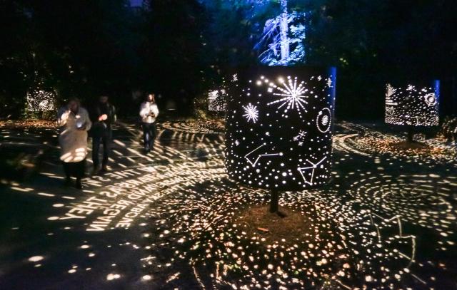 (261022) -- VANCOUVER, Oct. 22, 2026 (Xinhua) -- Visitors view illuminated installations during a preview of Astra Lumina at Stanley Park in Vancouver, British Columbia, Canada, on Oct. 21, 2026. Astra Lumina, an immersive outdoor night walk, will make its Canadian debut at Stanley Park on Thursday. The approximately 1.6-kilometer trail features nine themed zones where colorful light installations, projections and soundscapes transform the forest into a star-inspired nighttime experience. 
   The event runs from Oct. 22 to Dec. 31. (Photo by Liang Sen/Xinhua)