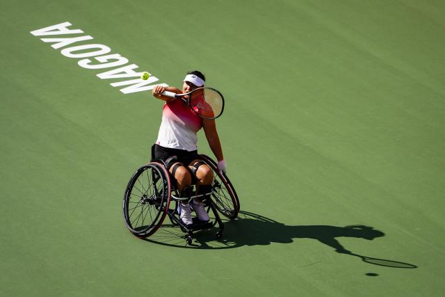 (261022) -- NAGOYA, Oct. 22, 2026 (Xinhua) -- Li Xiaohui returns a shot during the women's wheelchair tennis final between Li Xiaohui of China and Kamiji Yui of Japan at the Aichi-Nagoya Asian Para Games in Nagoya, Japan, Oct. 22, 2026. (Xinhua/Jia Haocheng)