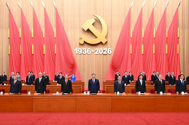(261022) -- BEIJING, Oct. 22, 2026 (Xinhua) -- A gathering commemorating the 90th anniversary of the victory of the Red Army's Long March is held at the Great Hall of the People in Beijing, capital of China, Oct. 22, 2026. Xi Jinping, Li Qiang, Zhao Leji, Wang Huning, Cai Qi, Ding Xuexiang, Li Xi and Han Zheng attended the gathering. (Xinhua/Xie Huanchi)