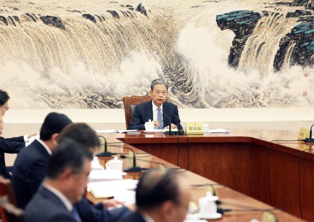(261022) -- BEIJING, Oct. 22, 2026 (Xinhua) -- Zhao Leji, chairman of the National People's Congress (NPC) Standing Committee, presides over the 74th meeting of the Council of Chairpersons of the 14th NPC Standing Committee at the Great Hall of the People in Beijing, capital of China, Oct. 22, 2026. (Xinhua/Liu Weibing)