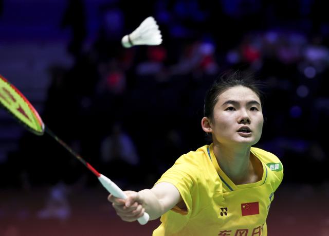 (261022) -- PARIS, Oct. 22, 2026 (Xinhua) -- Han Yue of China hits a return during the women's singles round of 16 match against Mia Blichfeldt of Denmark at the French Open badminton tournament in Paris, France, Oct. 22, 2026. (Xinhua/Wu Huiwo)