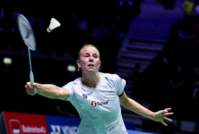 (261022) -- PARIS, Oct. 22, 2026 (Xinhua) -- Mia Blichfeldt of Denmark hits a return during the women's singles round of 16 match against Han Yue of China at the French Open badminton tournament in Paris, France, Oct. 22, 2026. (Xinhua/Wu Huiwo)