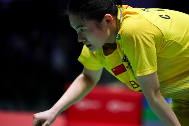 (261022) -- PARIS, Oct. 22, 2026 (Xinhua) -- Han Yue of China reacts during the women's singles round of 16 match against Mia Blichfeldt of Denmark at the French Open badminton tournament in Paris, France, Oct. 22, 2026. (Xinhua/Wu Huiwo)