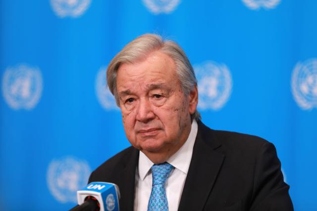 (261022) -- UNITED NATIONS, Oct. 22, 2026 (Xinhua) -- UN Secretary-General Antonio Guterres speaks during a press encounter at the UN headquarters in New York, Oct. 22, 2026. Guterres called Thursday for an end to widening conflicts and stronger protection for civilians, warning that wars are spreading their economic consequences far beyond the battlefield. (Xinhua/Shang Xuqian)