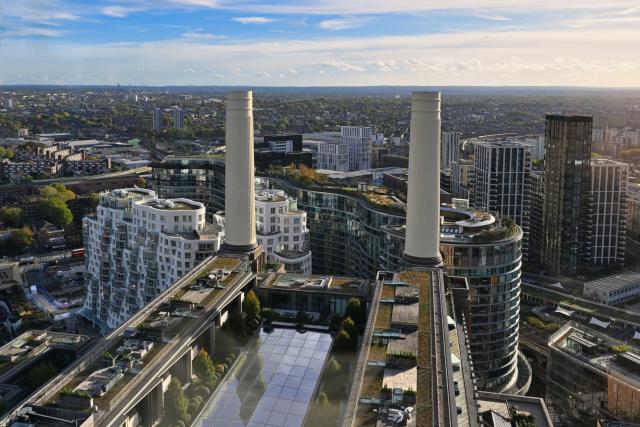 (261022) -- LONDON, Oct. 22, 2026 (Xinhua) -- This photo taken on Oct. 22, 2026 shows a view of the south-west and south-east chimneys of Battersea Power Station, seen from the top of the facility's 109-meter north-west chimney in London, Britain. Located on the south bank of the River Thames in London, Battersea Power Station was built in two main phases between 1929 and 1955. At its peak, the coal-fired power station supplied about one-fifth of London's electricity, powering important buildings including Buckingham Palace and the Houses of Parliament.
The building, known for its four white chimneys, stood derelict for decades after electricity generation ceased in 1983. Following restoration and redevelopment, the former industrial landmark reopened to the public in 2022 as a mixed-use complex featuring shops, restaurants, offices, homes and leisure facilities. (Xinhua/Li Mangmang)