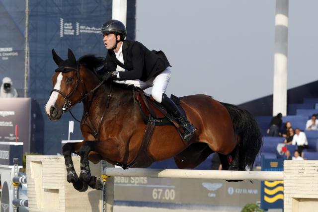 (261023) -- CAIRO, Oct. 23, 2026 (Xinhua) -- Thibeau Spits of Belgium competes during the CSI5 1.60 meters competition of the Global Champions Tour 2026 at The Great Pyramids, Giza, Egypt on Oct. 22, 2026. (Xinhua/Ahmed Gomaa)