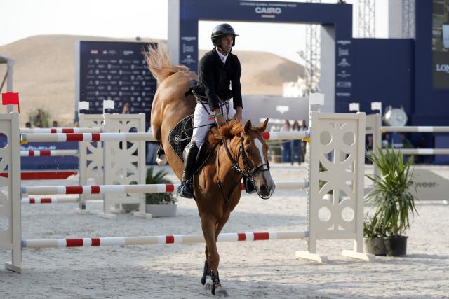 (261023) -- CAIRO, Oct. 23, 2026 (Xinhua) -- Eduardo Alvarez Aznar of Spain competes during the CSI5 1.60 meters competition of the Global Champions Tour 2026 at The Great Pyramids, Giza, Egypt on Oct. 22, 2026. (Xinhua/Ahmed Gomaa)