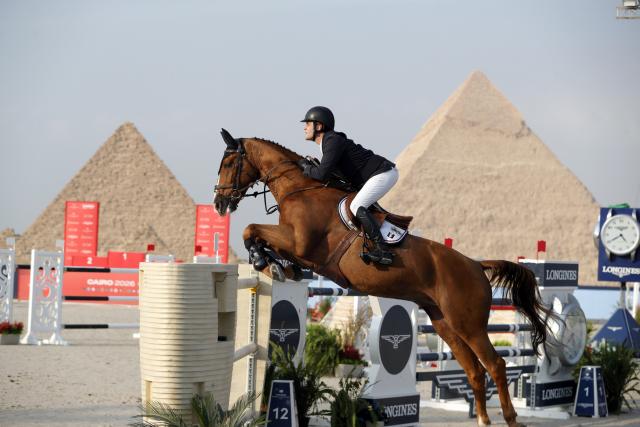 (261023) -- CAIRO, Oct. 23, 2026 (Xinhua) -- Johan-Sebastian Gulliksen of Norway competes during the CSI5 1.60 meters competition of the Global Champions Tour 2026 at The Great Pyramids, Giza, Egypt on Oct. 22, 2026. (Xinhua/Ahmed Gomaa)