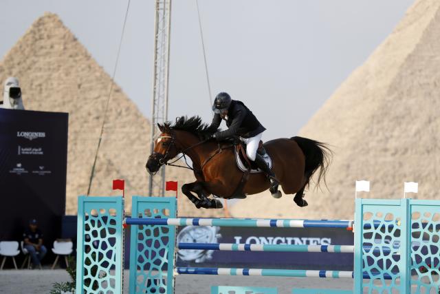 (261023) -- CAIRO, Oct. 23, 2026 (Xinhua) -- Geir Gulliksen of Norway competes during the CSI5 1.60 meters competition of the Global Champions Tour 2026 at The Great Pyramids, Giza, Egypt on Oct. 22, 2026. (Xinhua/Ahmed Gomaa)