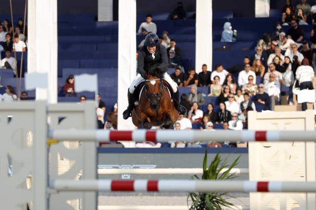 (261023) -- CAIRO, Oct. 23, 2026 (Xinhua) -- Geir Gulliksen of Norway competes during the CSI5 1.60 meters competition of the Global Champions Tour 2026 at The Great Pyramids, Giza, Egypt on Oct. 22, 2026. (Xinhua/Ahmed Gomaa)