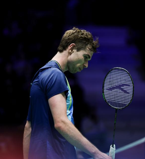 (261023) -- PARIS, Oct. 23, 2026 (Xinhua) -- Rasmus Gemke of Denmark reacts during the men's singles 1/8 final match between Christo Popov of France and Rasmus Gemke of Denmark at the French Open badminton tournament in Paris, France, Oct. 22, 2026. (Xinhua/Wu Huiwo)