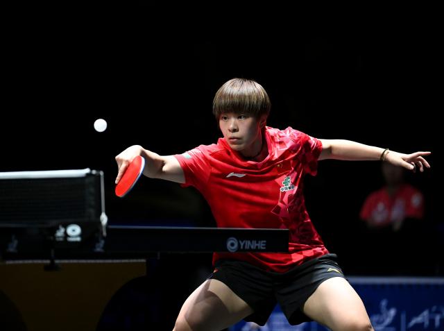 (261023) -- TASHKENT, Oct. 23, 2026 (Xinhua) -- Wang Yidi of China hits a return against Hashimoto Honoka of Japan during the women's teams final between China and Japan at the 29th ITTF-Asian Table Tennis Championships in Tashkent, Uzbekistan, Oct. 22, 2026. (Xinhua/Feng Kaihua)