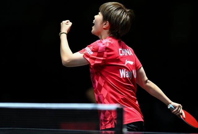 (261023) -- TASHKENT, Oct. 23, 2026 (Xinhua) -- Wang Yidi of China reacts against Harimoto Miwa of Japan during the women's teams final between China and Japan at the 29th ITTF-Asian Table Tennis Championships in Tashkent, Uzbekistan, Oct. 22, 2026. (Xinhua/Feng Kaihua)