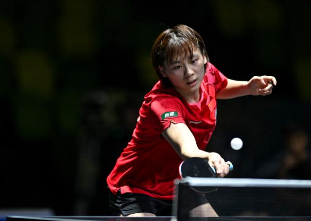 (261023) -- TASHKENT, Oct. 23, 2026 (Xinhua) -- Chen Yi of China hits a return against Hashimoto Honoka of Japan during the women's teams final between China and Japan at the 29th ITTF-Asian Table Tennis Championships in Tashkent, Uzbekistan, Oct. 22, 2026. (Xinhua/Feng Kaihua)