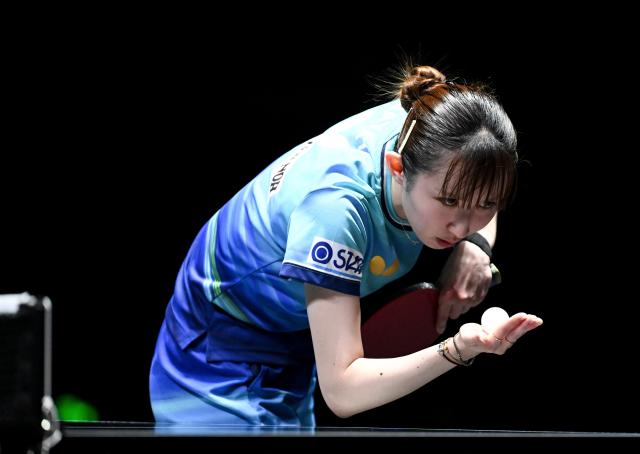 (261023) -- TASHKENT, Oct. 23, 2026 (Xinhua) -- Hayata Hina of Japan serves against Kuai Man of China during the women's teams final between China and Japan at the 29th ITTF-Asian Table Tennis Championships in Tashkent, Uzbekistan, Oct. 22, 2026. (Xinhua/Feng Kaihua)