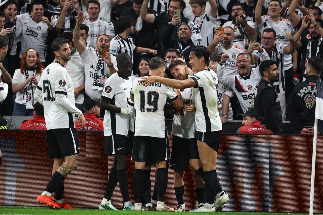 (261023) -- ISTANBUL, Oct. 23, 2026 (Xinhua) -- Besiktas' players celebrate after scoring during the UEFA Europa League 2026/27 League Phase match between Crystal Palace and Besiktas at Besiktas Tupras Stadium in Istanbul, Türkiye, Oct. 22, 2026. (Photo by Mustafa Kaya/Xinhua)