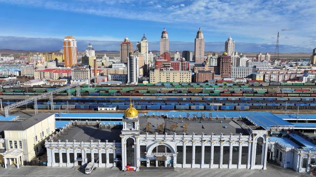 (261023) -- HARBIN, Oct. 23, 2026 (Xinhua) -- A drone photo taken on Oct. 23, 2026 shows China-Europe freight trains ready for departure at Manzhouli Railway Station in Manzhouli, north China's Inner Mongolia Autonomous Region. According to China Railway Harbin Group, a total of 6,024 China-Europe freight train trips have been made via the eastern corridor of the China-Europe freight train service so far this year, up 40.3 percent year on year. (Photo by Huang Xu/Xinhua)