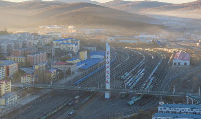 (261023) -- HARBIN, Oct. 23, 2026 (Xinhua) -- An aerial drone photo taken on Oct. 23, 2026 shows inbound China-Europe freight trains awaiting transshipment at Suifenhe Railway Station in Suifenhe, northeast China's Heilongjiang Province. According to China Railway Harbin Group, a total of 6,024 China-Europe freight train trips have been made via the eastern corridor of the China-Europe freight train service so far this year, up 40.3 percent year on year. (Photo by Qu Yiwei/Xinhua)