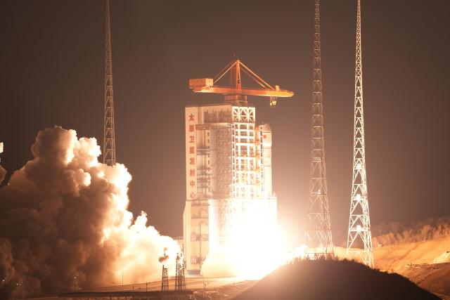 (261023) -- TAIYUAN, Oct. 23, 2026 (Xinhua) -- A modified Long March-6 carrier rocket carrying the Yaogan-50 03 satellite blasts off from the Taiyuan Satellite Launch Center in north China's Shanxi Province, Oct. 23, 2026. The Yaogan-50 03 satellite was launched at 6:15 p.m. (Beijing Time) and entered its planned orbit. The launch mission was a complete success. (Photo by Dong Meng/Xinhua)