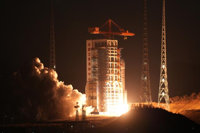 (261023) -- TAIYUAN, Oct. 23, 2026 (Xinhua) -- A modified Long March-6 carrier rocket carrying the Yaogan-50 03 satellite blasts off from the Taiyuan Satellite Launch Center in north China's Shanxi Province, Oct. 23, 2026. The Yaogan-50 03 satellite was launched at 6:15 p.m. (Beijing Time) and entered its planned orbit. The launch mission was a complete success. (Photo by Dong Meng/Xinhua)