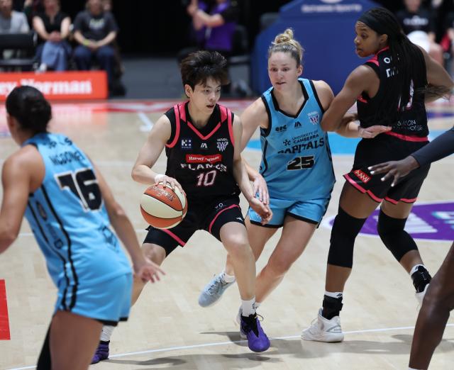 (261023) -- SYDNEY, Oct. 23, 2026 (Xinhua) -- Yang Shuyu (2nd L) of Sydney Flames dribbles against Amy Atwell (2nd R) of UC Capitals during the Women's National Basketball League (WNBL) basketball match between Sydney Flames and UC Capitals in Sydney, Australia, Oct. 23, 2026. (Xinhua/Gong Bing)