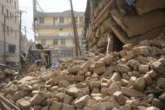 (261023) -- NAIROBI, Oct. 23, 2026 (Xinhua) -- This photo taken on Oct. 23, 2026 shows the site of a building collapse accident in Eastleigh, Nairobi, Kenya. Several people are feared trapped after an 18-story building under construction collapsed Friday afternoon in Eastleigh, a high-density commercial and residential suburb of Nairobi, the Kenyan capital. (Xinhua/Xie Jianfei)