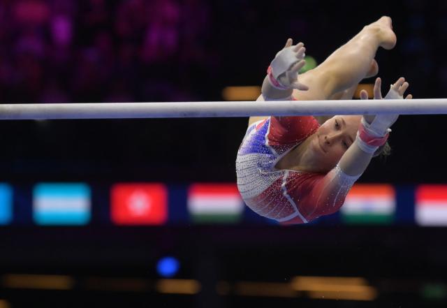 (261024) -- ROTTERDAM, Oct. 24, 2026 (Xinhua) -- Elena Colas of France competes during the uneven bars event of the women's all around final at the Artistic Gymnastics World Championships 2026 in Rotterdam, the Netherlands, Oct. 23, 2026. (Xinhua/Weng Xinyang)