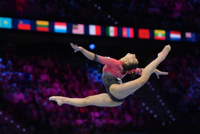 (261024) -- ROTTERDAM, Oct. 24, 2026 (Xinhua) -- World Gymnastics 2 athlete Liudmila Roshchina from Russia competes during the balance beam event of the women's all around final at the Artistic Gymnastics World Championships 2026 in Rotterdam, the Netherlands, Oct. 23, 2026. (Xinhua/Weng Xinyang)