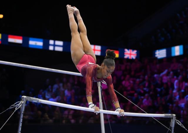 (261024) -- ROTTERDAM, Oct. 24, 2026 (Xinhua) -- Skye Blakely of the United States competes during the uneven bars event of the women's all around final at the Artistic Gymnastics World Championships 2026 in Rotterdam, the Netherlands, Oct. 23, 2026. (Xinhua/Weng Xinyang)