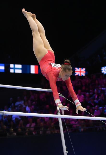 (261024) -- ROTTERDAM, Oct. 24, 2026 (Xinhua) -- Kaylia Nemour of Algeria competes during the uneven bars event of the women's all around final at the Artistic Gymnastics World Championships 2026 in Rotterdam, the Netherlands, Oct. 23, 2026. (Xinhua/Weng Xinyang)