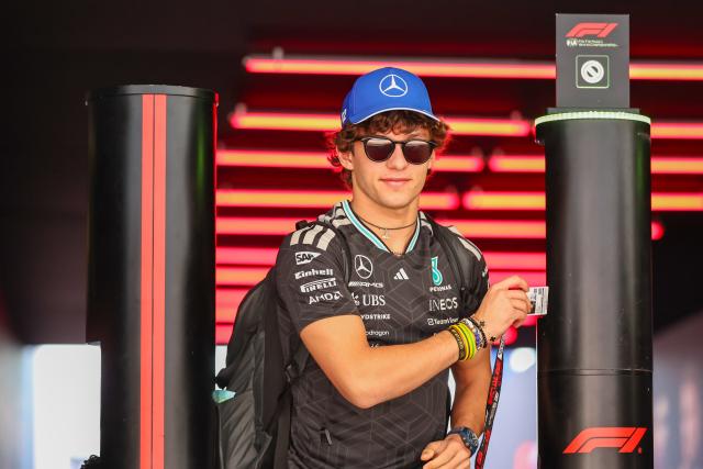 (261024) -- AUSTIN, Oct. 24, 2026 (Xinhua) -- Mercedes' Kimi Antonelli of Italy reacts before the practice session of the Formula One United States Grand Prix, in Austin, Texas, the United States, Oct. 23, 2026. (Photo by Song Haiyuan/Xinhua)